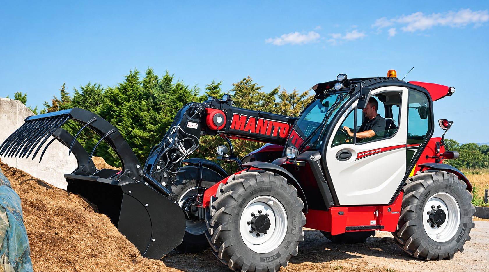 Chariot télescopique Manitou rouge et blanc équipé d’un grappin à fumier, conducteur en cabine