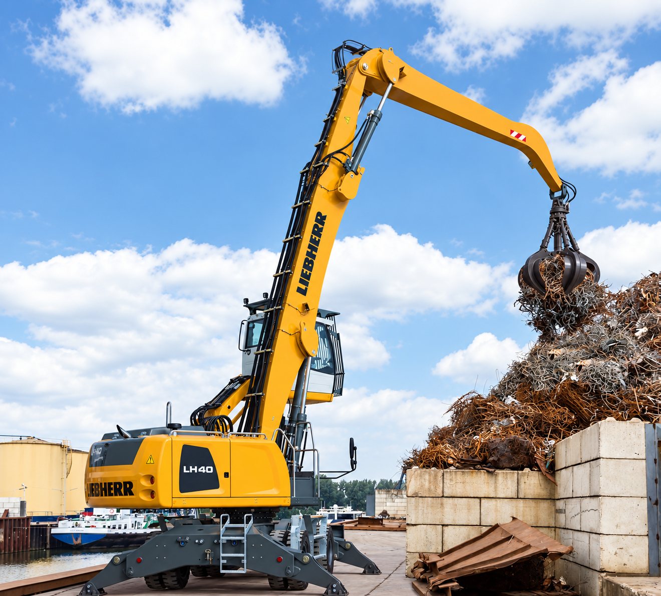 Pelle de manutention Liebherr à grappin sur un quai de ferraille
