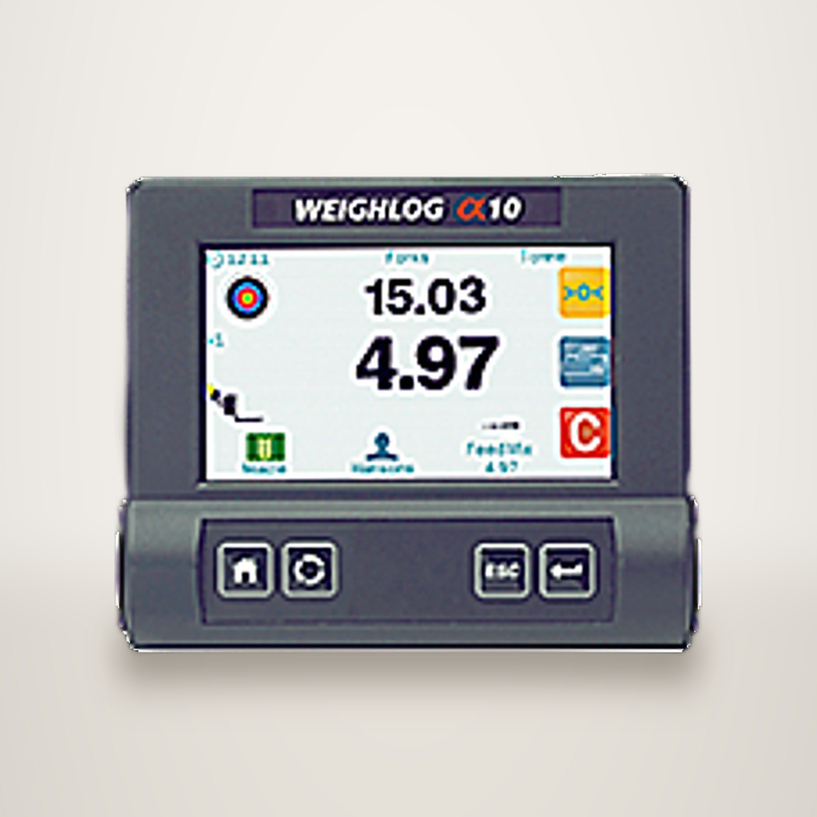 Terminal de pesée Weighlog à écran tactile couleur affichant une charge cible et une charge actuelle
