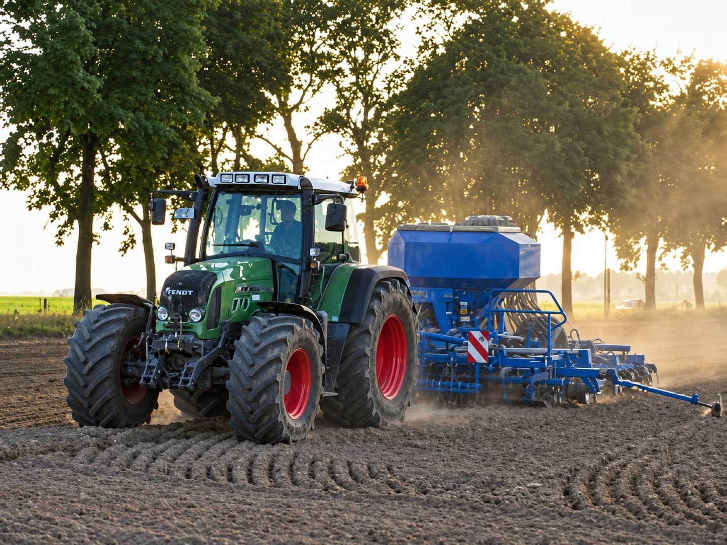 Tracteur vert attelé à un semoir bleu dans un champ de terre brune, à la lumière du soir